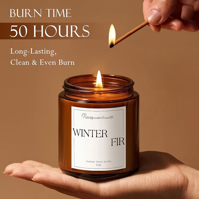 Fir Scented Candles for Home, Natural Soy Wax Aromatherapy Non Toxic Winter Fir Candle Gifts for Women Men, Home Fragrance Decoration Glass Jar Candle for Meditation and Relaxation (9oz)