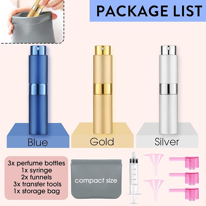 3 Pack 8ML Portable Atomizer Perfume Cologne Travel Spray Bottle for Refill Empty Cologne Dispenser Mini Sprayer for Adults Twist Tpye