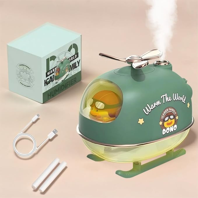 Cute Duck Pilot Desktop Mini Humidifier with LED Night Light, 300ml Essential Oil Diffuser with Rotatable Propeller, Portable Cool Mist Humidifier for Bedroom, Office, Car, Travel (Green)
