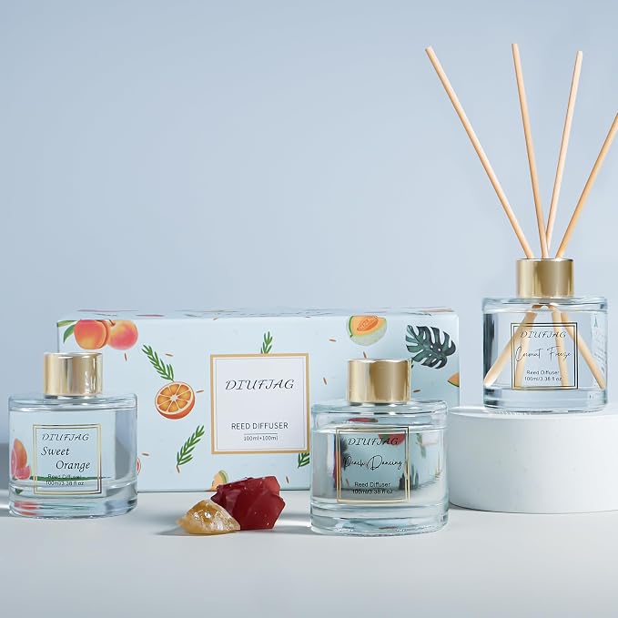 200ml Scent Diffuser with 6 Fiber Sticks, 6.76 oz Reed Diffuser Set Aromatherapy Fragrance Diffusers Air Fresheners for Home Bedroom Bathroom (Orange Peach)