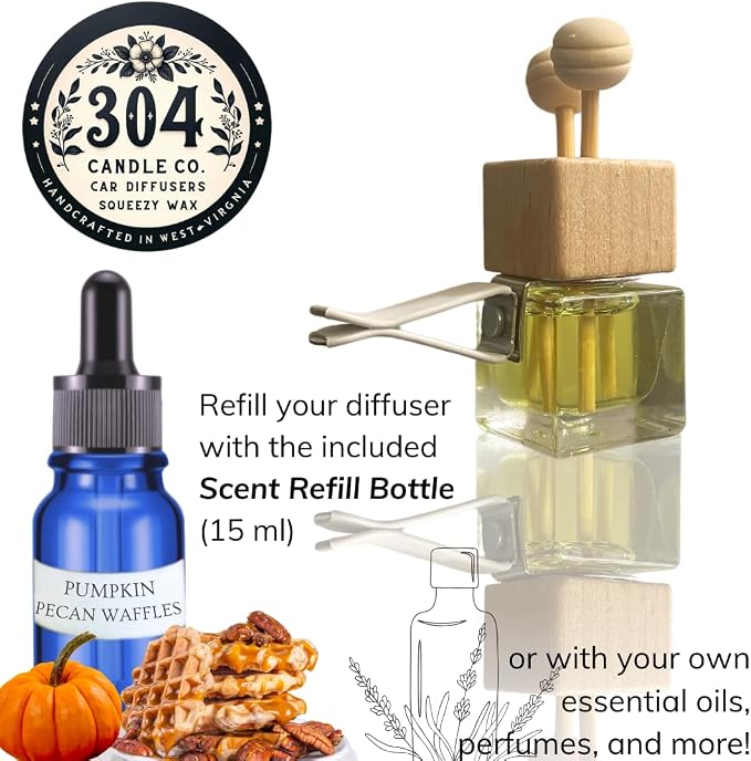Cute Refillable Car Air Freshener Vent Clip 8mL – Pumpkin Pecan Waffles – 15mL Refill Included – Long Lasting Fragrance Oil Diffuser – 100% American Handmade Odor Eliminator