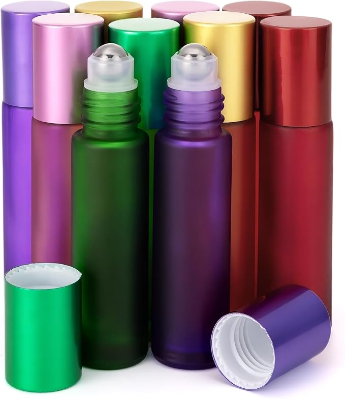 Kesell 10 Pack - 5 Color 10ml Frosted Glass Roller Bottles Roll On Bottles with Stainless Steel Ball for Essential Oils, Aromatherapy, Perfume Containers