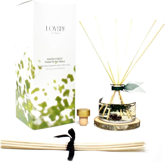 Reed Diffuser Set, Winter Forest Pine Scented Oil Diffuser with Sticks and Wooden Coaster, Bathroom Shelf Decor Made with Real Botanicals, USA Made