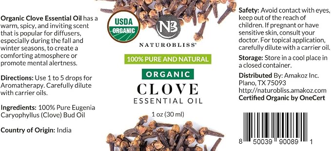 NaturoBliss Organic Clove Essential Oil 1 oz – 100% Pure, Natural, Undiluted for Toothache, Sore Muscles, Skin & Hair Care - Soothing Clove Bud Oil for Aromatherapy, Warm Spicy Aroma
