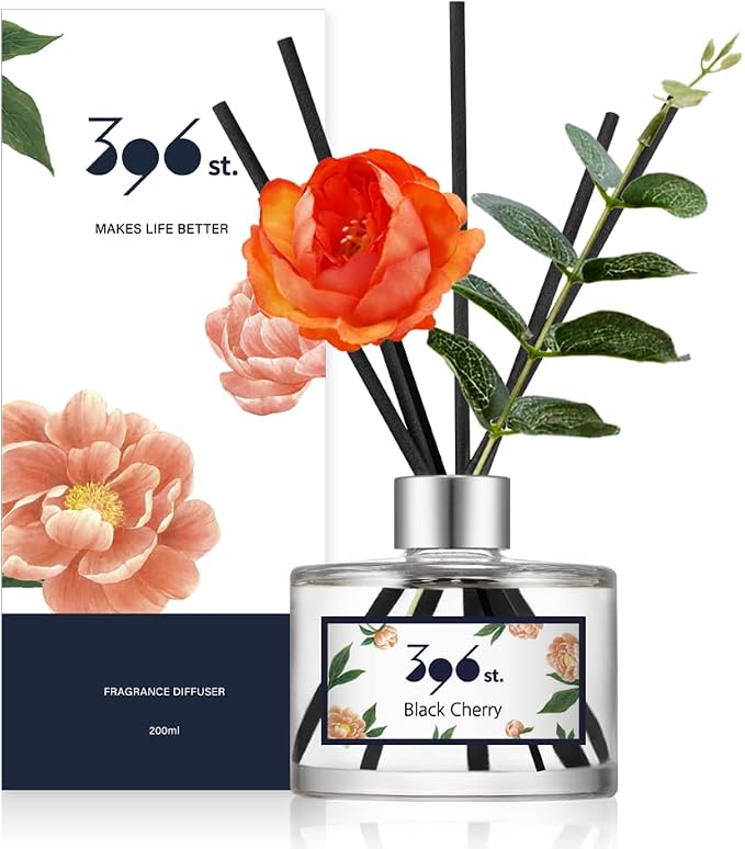 396 st. Peony Flower Reed Diffuser, Black Cherry, 200ml(6.7oz) / Reed Diffuser Sets, Home Fragrance, Scented Oils, Home & Bathroom Décor