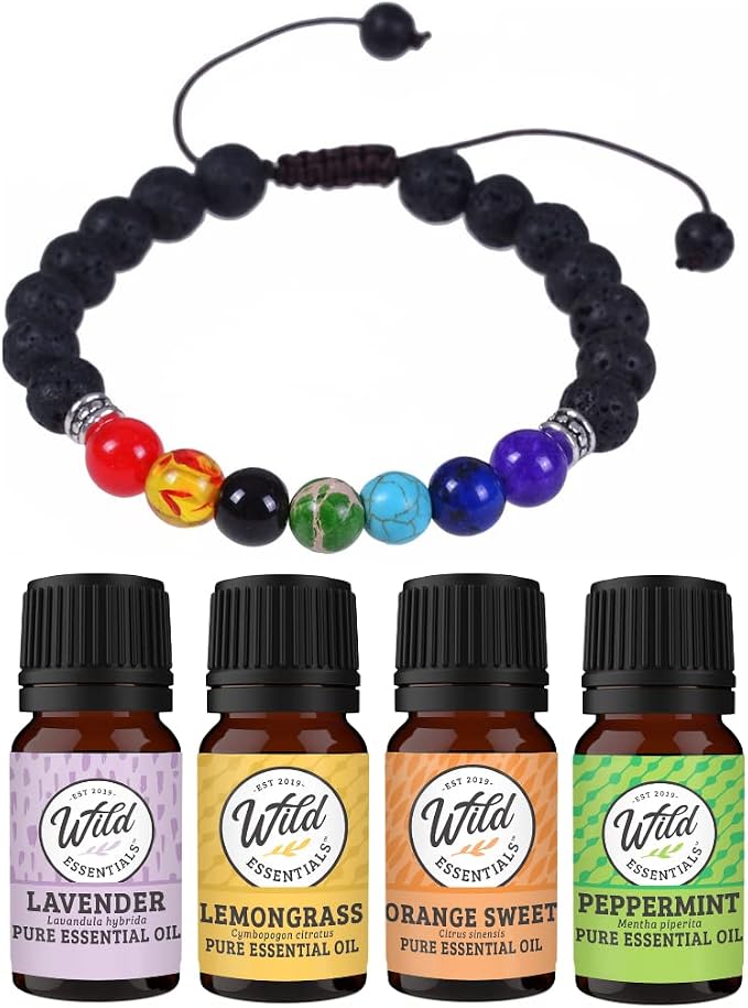 Wild Essentials 7 Chakras Lava Stone Essential Oil Diffuser Bracelet, Adjustable, Aromatherapy Jewelry Gift Set and 100% Pure Oils (Lavender, Lemongrass, Orange and Peppermint)