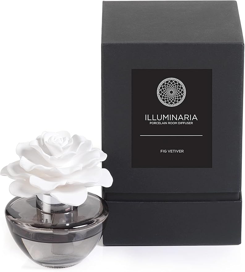 Zodax Illuminaria Porcelain Room Diffuser Gray Glass Bottle Fig Vetiver