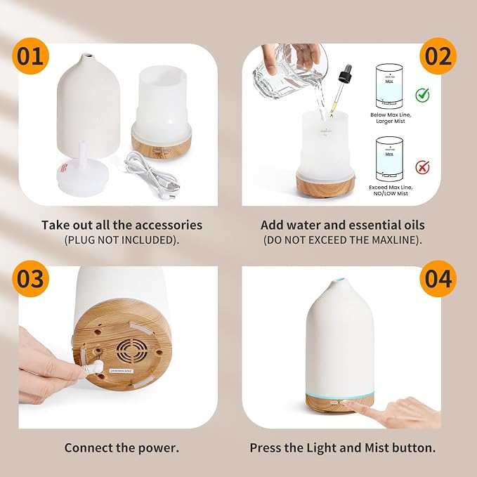 URPOWER 180ML Ceramic Essential Oil Diffuser, Ultrasonic Aromatherapy Diffuser with 7-Color Lights, Auto Shut-Off, Quiet Oil Diffuser for Bedroom, Home Office