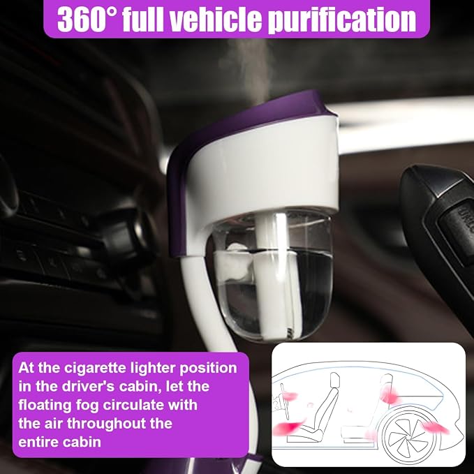 Car Humidifier, Portable Mini Aromatherapy Essential Oil Diffuser, 360-Degree Rotation Cool Mist Humidifier, Vehicle Air Freshener Diffuser with 12V Charging Port for Home Office (Purple)