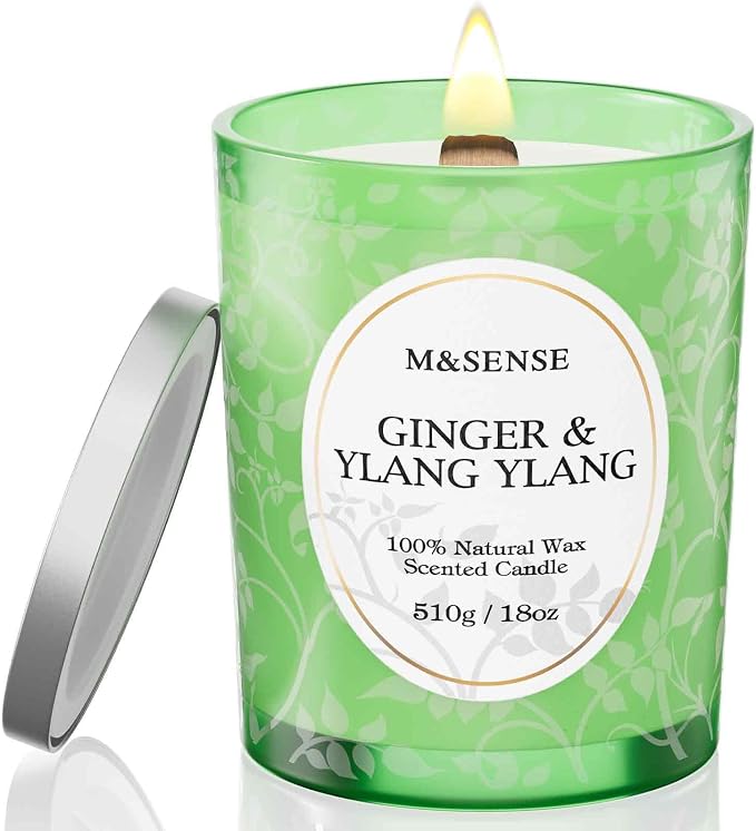 M&SENSE Ginger Ylang Ylang Scented Candle, Soy Wax, 18oz | Cracking Wooden Wick, 100 Hours Long Lasting, Large Jar, Non-Toxic Aromatherapy, Relaxing
