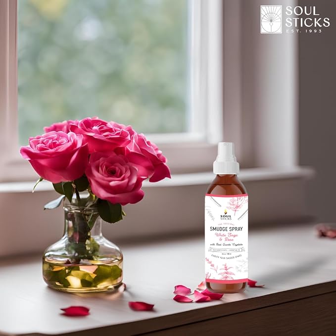SOUL STICKS White Sage & Rose Smudge Spray For Cleansing and Negative Energy | 3.5oz Sage Smudge Spray with Real Quartz Crystals | Car Air Freshner Fragrance Sage Room Spray for Spiritual Cleansing