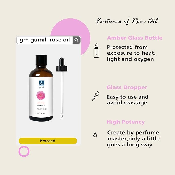 GM Gumili Rose Essential Oil for Face, Hair, Body, Skin, Aromatherapy, Essential Oils Diffuser, DIY Blends - 3.38 Oz