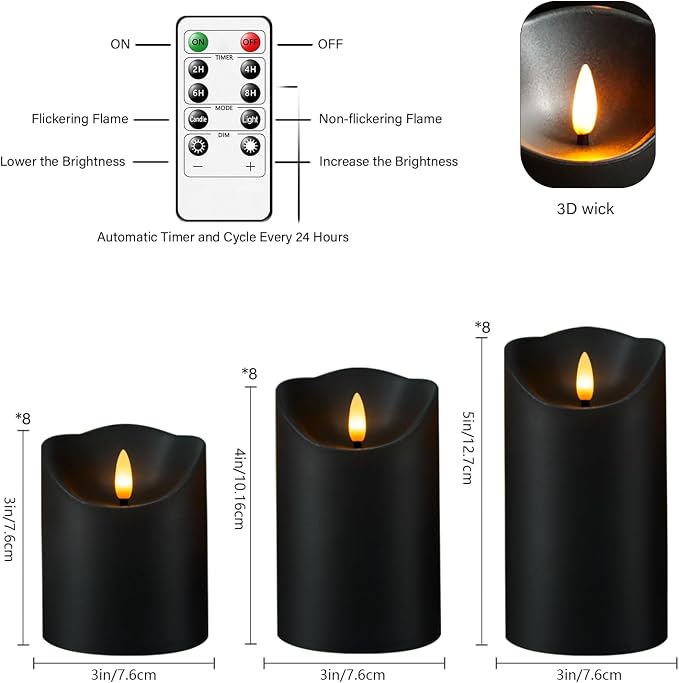 Nimiko Flameless Candles with Remote, Battery Operated Flickering Flameless Candles, LED Candles with Timer 2/4/6/8H, with Realistic LED Candles Set of 24 (D3 x H 3" 4" 5") (Black)