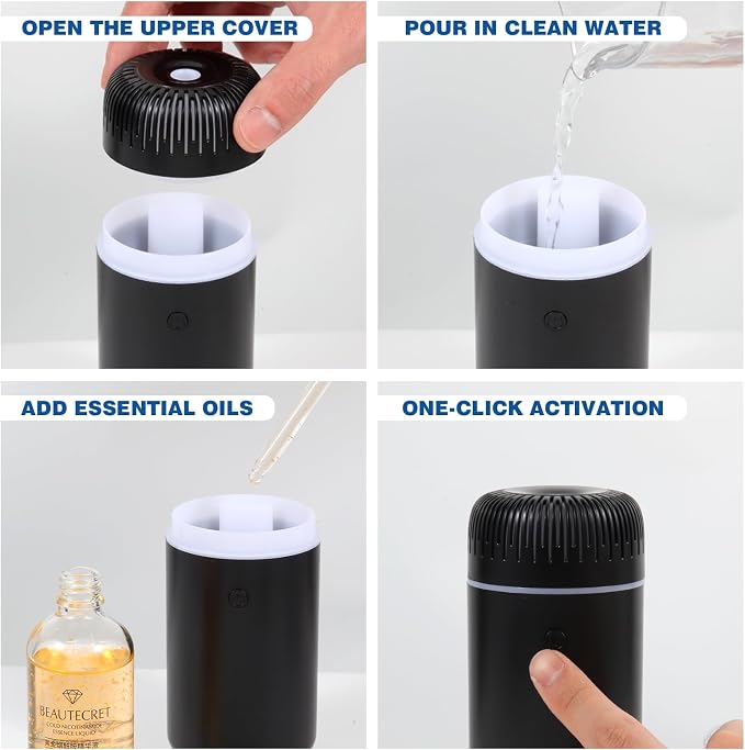 Car Humidifier Aromatherapy Essential Oil Diffuser USB Mist Mini Portable for Home Office Bedroom, 100ML, Black