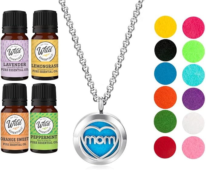 Wild Essentials MOM Aromatherapy Necklace Diffuser Includes 4 Pure Essential Oils, Lavender, Lemongrass, Orange, Peppermint - Stainless Steel Chain/Pendant, 12 Pads, Gift Set