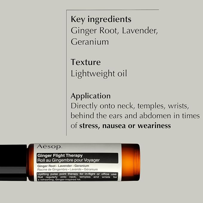 Aesop Ginger Flight Therapy | Aromatic Anti-Nausea, Calming Pulse-Point Roll-On with Ginger and Lavender Oil | for Travel or Daily Use | 0.3 fl oz