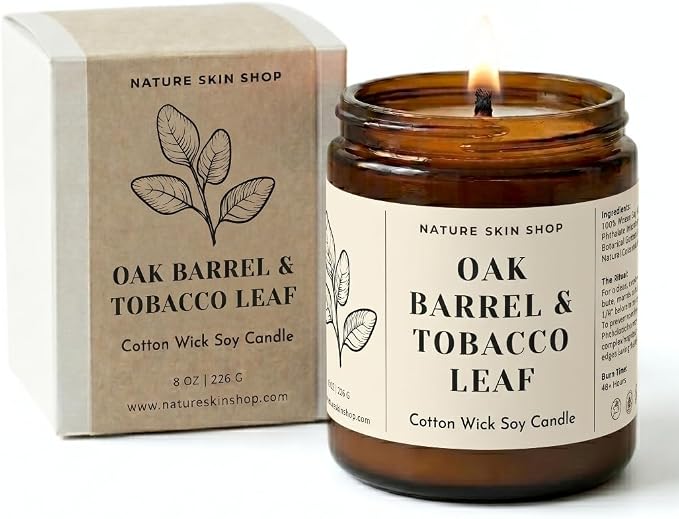 Nature Skin Shop Oak Barrel and Tobacco Leaf Artisan Soy Candle Warm Aromatherapy Home Fragrance Vegan Cotton Wick 8 oz