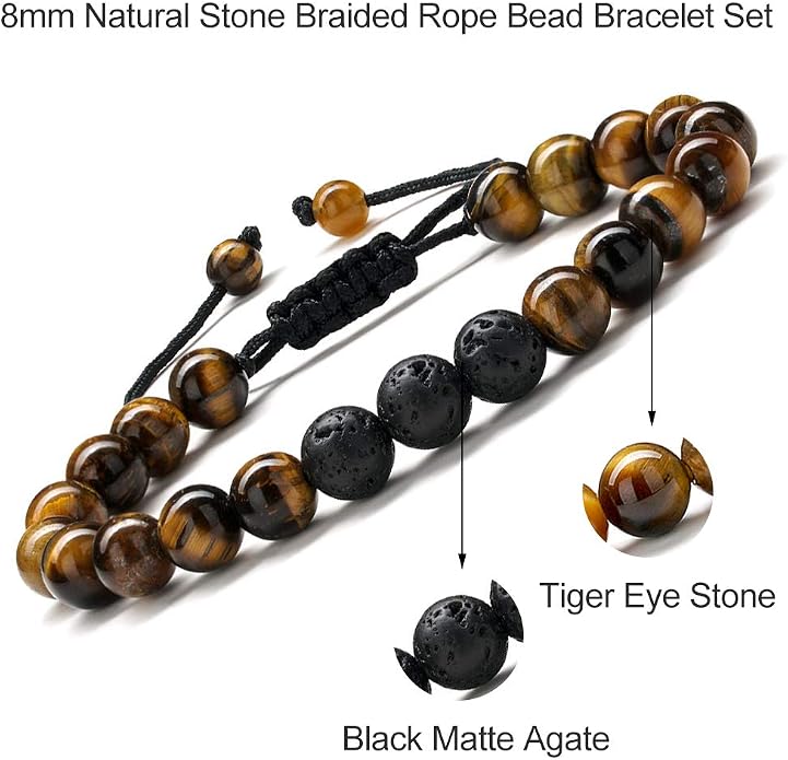 M MOOHAM Mens Bracelet - Beaded Natural Stone 8mm Tiger Eye Matte Agate Lava Rock Bracelets for Men Teen Boys Grandpa Dad Birthday Gifts Jewelry