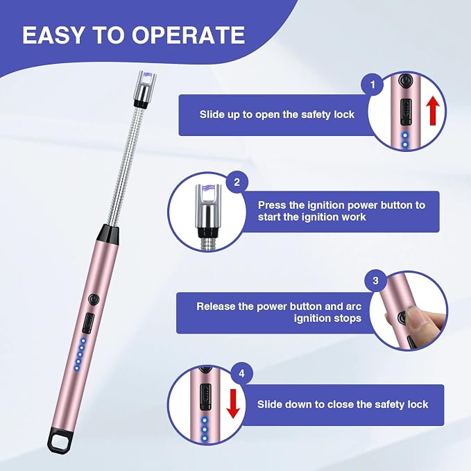 2 PCS Candle Lighter, Electric Lighter Arc Windproof Flameless with 360° Flexible Neck & LED Power Display, Lighters for Candle for BBQ, Grill, Camping, Fireplace, Stove(Pink)