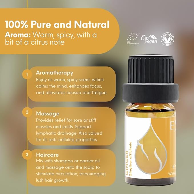 Essences Bulgaria Organic Ginger Essential Oil 0.17 Fl Oz 5ml Zingiber officinale - 100% Pure Natural Undiluted Therapeutic Grade Aromatherapy Oil for Diffuser Humidifier Lymphatic Drainage Massage