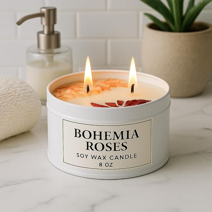 Bohemia Roses Soy Candle – 8 oz Luxury Floral Scented Candle – Romantic Rose Fragrance for Bedroom & Home Décor – Clean Burning Dual Wick – Aqua MARR