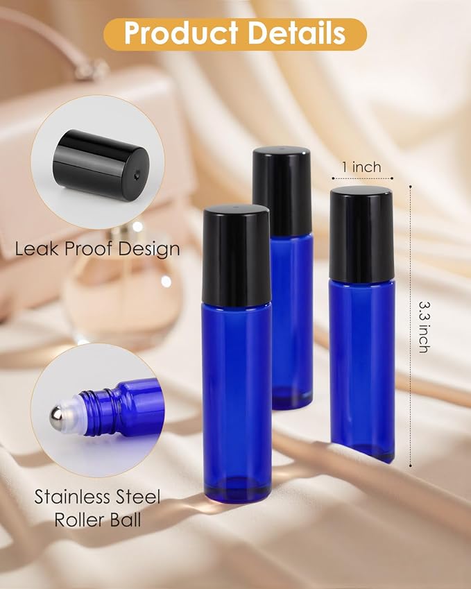Worldgsb 12 Pack Essential Oil Roller Bottles, 10ml Refillable Glass Roller Bottles with Stainless Steel Roller Balls and Caps for Travel, Perfume and Lip Gloss Blue