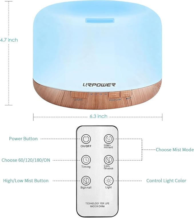 URPOWER 500ml Aromatherapy Essential Oil Diffuser Humidifier Room Decor Lighting with 4 Timer Settings, 7 LED Color Changing Lamp and Waterless Auto Shut-Off