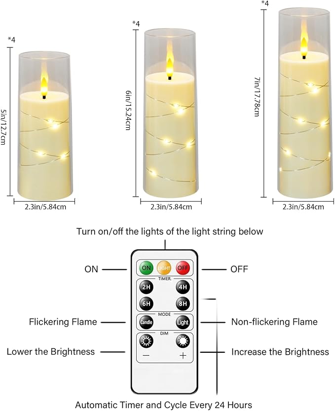 Sasigeiaa Flameless Candles with Embedded Star String - Battery Operated LED Candles, with Remote,12 Ivory Flickering Candles for Christmas, Weddings, Home Decor & Party,(D 2.3"×H 5" 6" 7")