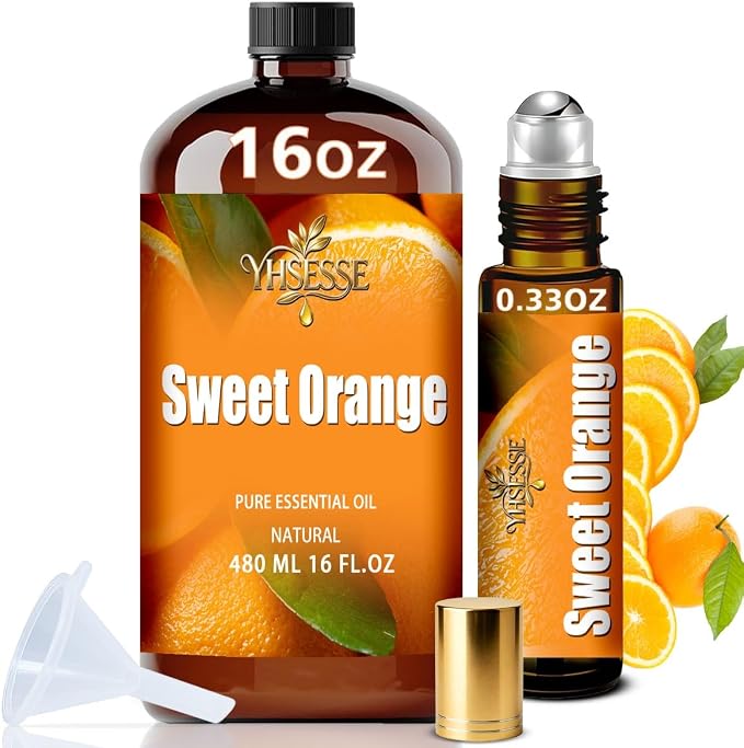 Sweet Orange Essential Oil, Sweet Orange Oil 16 Fl Oz 480ml for Diffuser Yoga Soap & Candle Making – with 0.33 Oz Roller Ball & Funnel YHSESSE Essential Oils