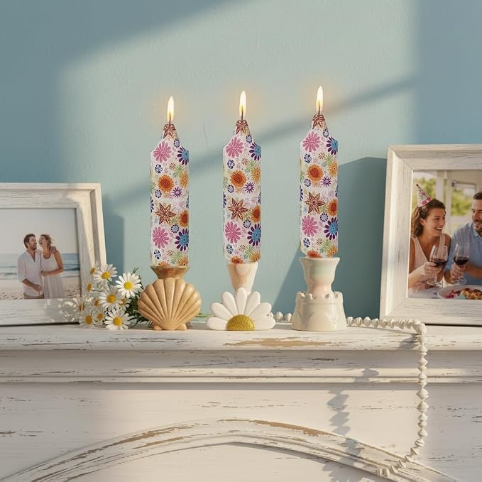 5 inch Short Candle Floral Candle Sticks Seashell Printed Candles Stick Handmade Unscented Taper Candle 4 Pack Flower Tapered Candles for Evening Wedding, Bohemian Seaside Theme Home Decor