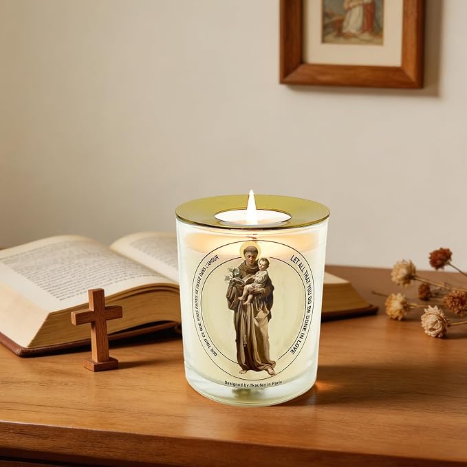 Tkaufen Saint Anthony of Padua Candle 50 Hours│Hand-Poured Soy Wax│Find Lost Item, Marriage Fertility Exam Blessing, Physical Ailment, Infant Protection, Job Search Miracle│Design in Paris│3“×3.6”