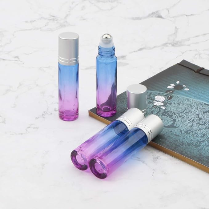 10Pcs Glass Roller Bottles Set, 10ml (1/3oz) Blue Purple Gradient Roll on Vials with Funnels for Essential Oil Aromatherapy Perfume Liquid Massage
