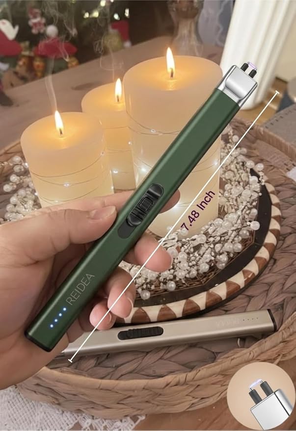 REIDEA Lighter R1 Electronic Candle Lighter, Windproof Flameless USB Rechargeable Flat Arc with Safe Button and Power Indicator for Candle, BBQ and Fireworks, Pine Green
