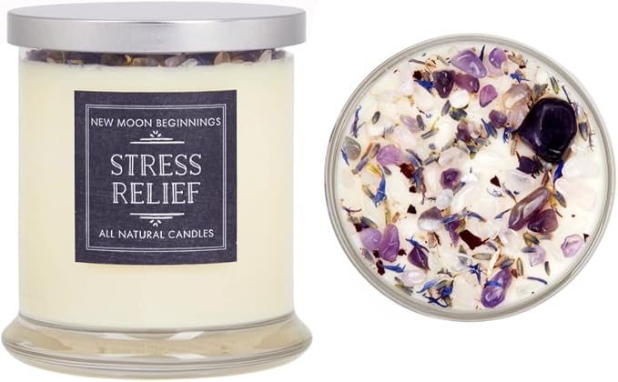 Stress Relief Candle by New Moon Beginnings - Lavender Scented Candle - Dried Flower & Crystal Candles - All Natural Essential Oil Soy Candle (12 Ounce Round Glass)