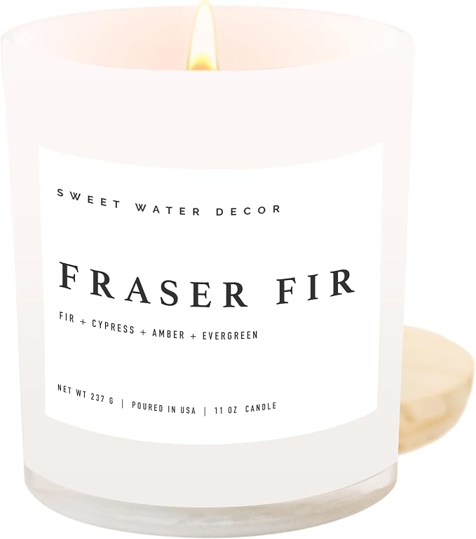Sweet Water Decor Fraser Fir Candle - Evergreen, Fir, Cedar, and Cypress Winter Holiday Scented Soy Christmas Candles for Home - 11oz White Jar, 50+ Hour Burn Time, Made in the USA