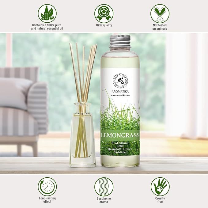 Lemongrass Reed Diffuser Refill, Natural Essential Lemongrass Oil 6.8 Fl Oz - Fresh & Long Lasting Fragrance - Best Reed Diffuser Oil Refill for Aromatherapy - Home - Office - Restaurant