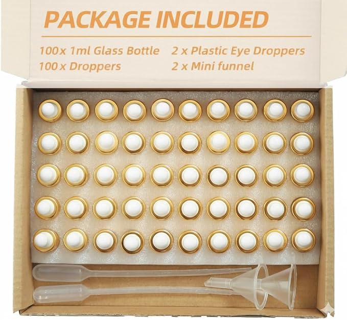 Mini Dropper Bottles 1ml – 100pcs Golden Collar Glass Sample Bottles with Droppers for Essential Oils, Cuticle Oil, Perfume, Travel, Small Business Use