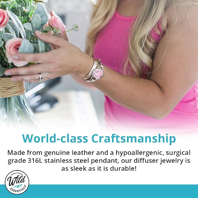 Wild Essentials Flamingo Essential Oil Leather Wrap Bracelet Diffuser Kit, Gift Set, Lavender, Lemongrass, Peppermint, Orange Oils, 12 Pads, Customizable Color Changing Perfume Jewelry, Aromatherapy