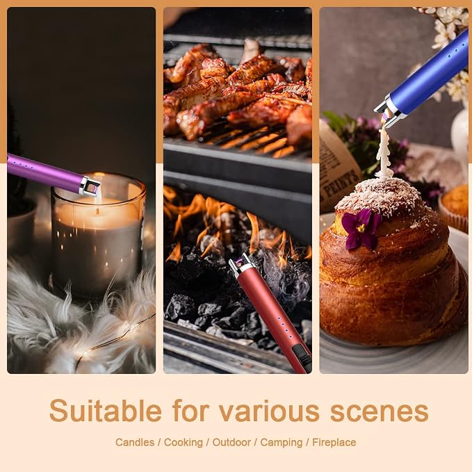 USB Rechargeable Candle Lighter Electronic Arc Lighter Windproof Flameless with Safety Button for Camping Cooking BBQ (Purple)