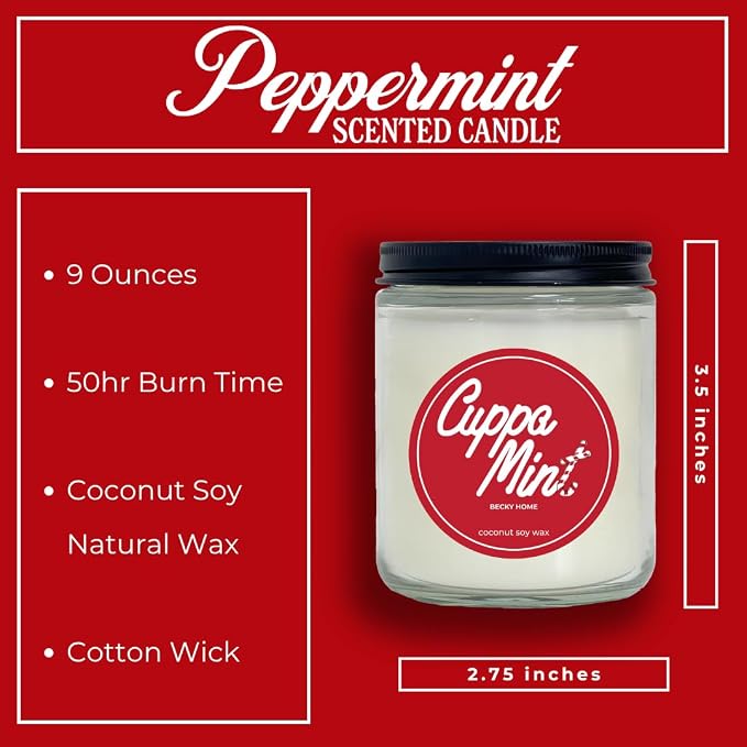 Peppermint Candle, Christmas 9oz Jar, Holiday Home Accent, Candy Cane Aroma, Fresh Winter Scent, Seasonal Gift Candle for Men and Women