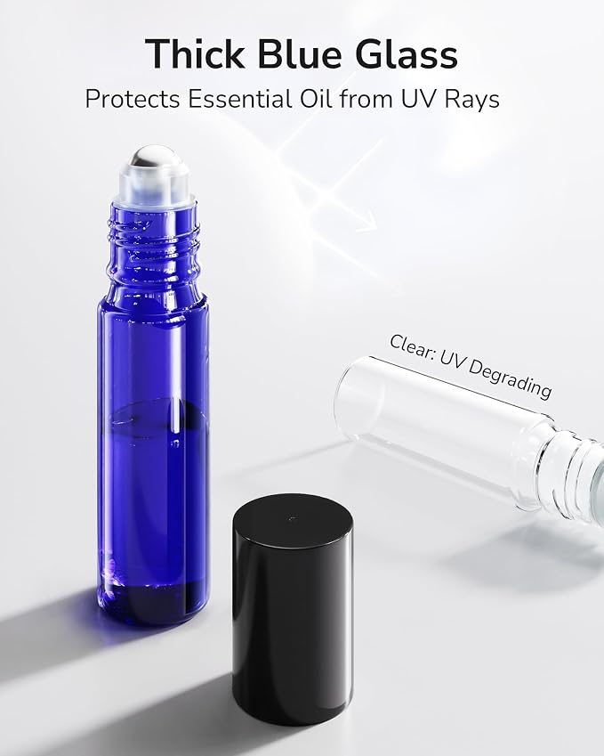 ULG Essential Oil Roller Bottles 48 Pack 10ml Cobalt Blue Glass Empty Bottles with Stainless Steel Roller Balls (10 Extra Roller Balls, 4 Openers, 4 Droppers, 48 Waterproof Labels)