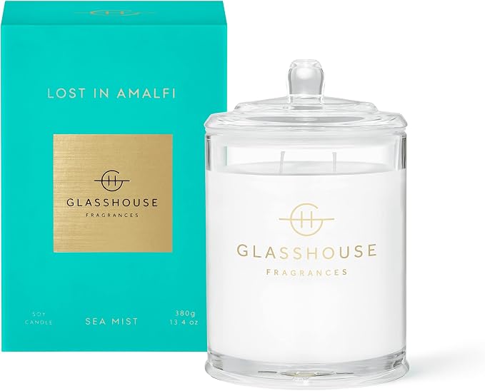 Glasshouse Fragrances Lost in Amalfi Candle, Triple Scented Natural Soy Wax Blend, 2 Wicks & Glass Jar, 65 Hour Burn Time, Sea Mist, 13.4 Oz (380g)