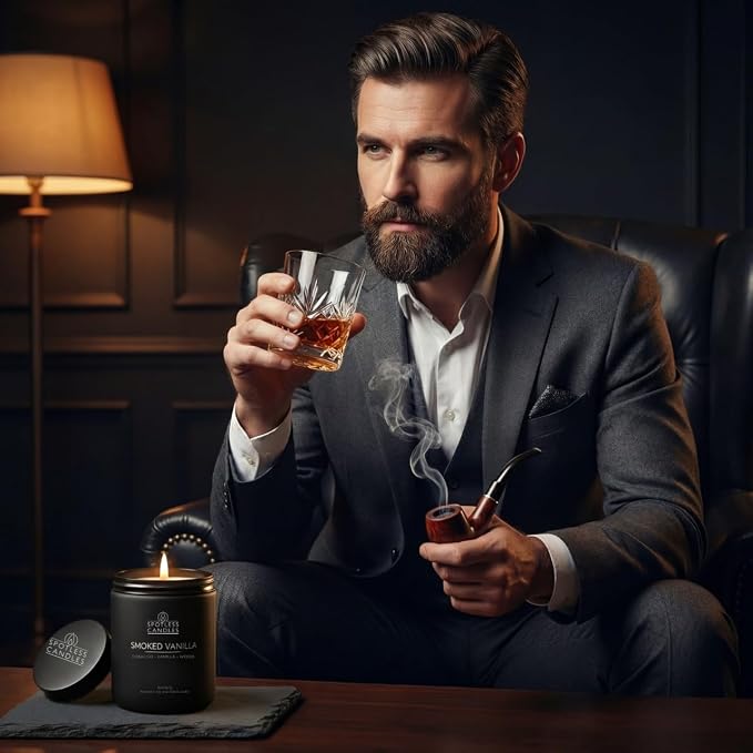 Men's Candle Gift Set; 4 x 8oz Scented Candles; Bay Rum, Pine Tar, Smoked Vanilla, Lavender Cedarwood; 200 Hours Burn Time; Matte Black Glass Jars; Premium Black Gift Box by Spotless Candles