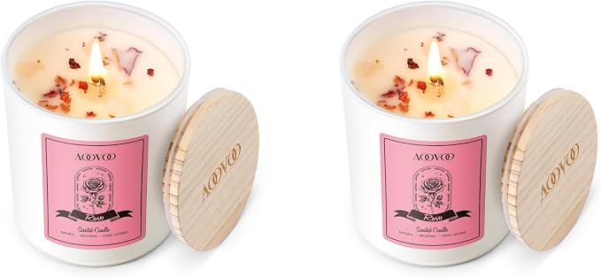 AOOVOO Rose Scented Candles for Women - Aromatherapy Candle with Crystals Inside, 7oz Soy Candles for Home Scented, Valentines Day Birthday Gifts Valentines Day Candle for Women Mom (Pack of 2)