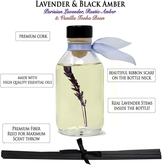 Lavender & Black Amber Reed Diffuser Set, Entryway Decor, Room Scent | Lavender, amber, and black myrrh profile, hotel fragrance, luxury home aroma, guest bathroom,