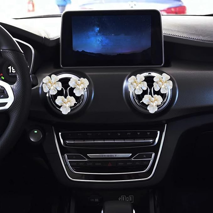 Bling Daisy 6 Pcs Pearl Flower Air Vent Clips - Cute Car Diffuser Vent Clip Rhinestone Decoration - White
