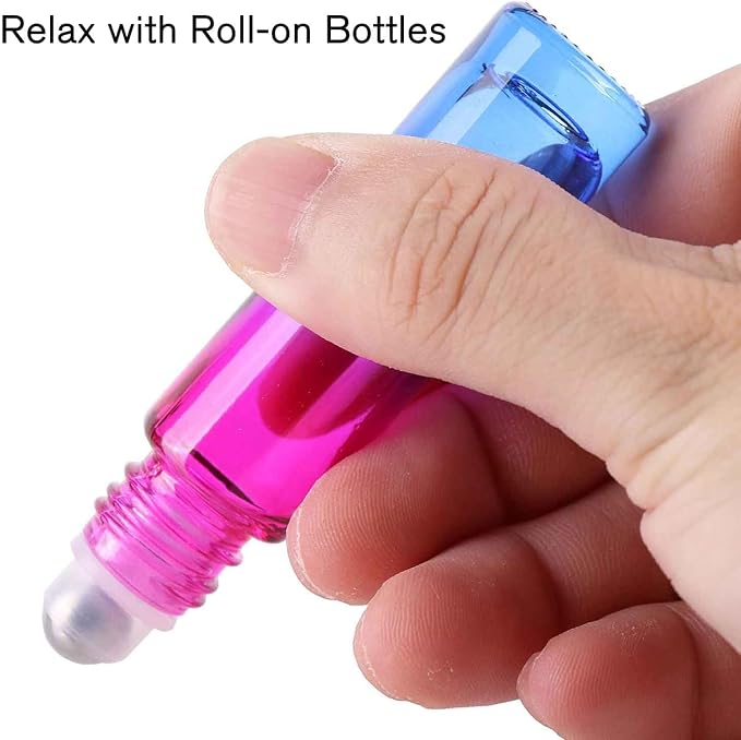 PrettyCare Set of 24, 10 ml Essential Oil Roller Bottles with Stainless Steel Roller Ball - Refillable Leak-proof Empty Thick Rainbow Glass Roll on Bottles with Metal Caps for Travel, Perfume