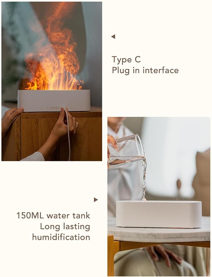 Flame Air Diffuser Humidifier, Flame Diffusers, 7 Colour Flame Essential Oil Diffusers, USB Portable Practical Simple Operation Fire Air Humidifier, for Room Bedroom Office (White)
