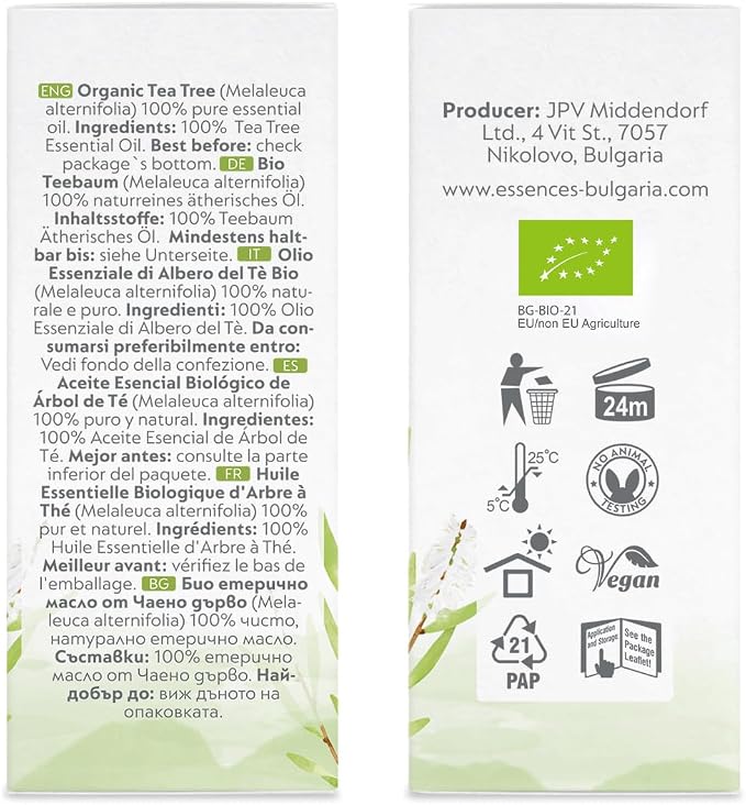 Essences Bulgaria Organic Tea Tree Essential Oil 0.51Fl Oz 15ml Melaleuca Alternifolia - 100% Pure and Natural Undiluted for Toenail Fungus, Dandruff Itchy Scalp Acne Skincare Aromatherapy Diffuser