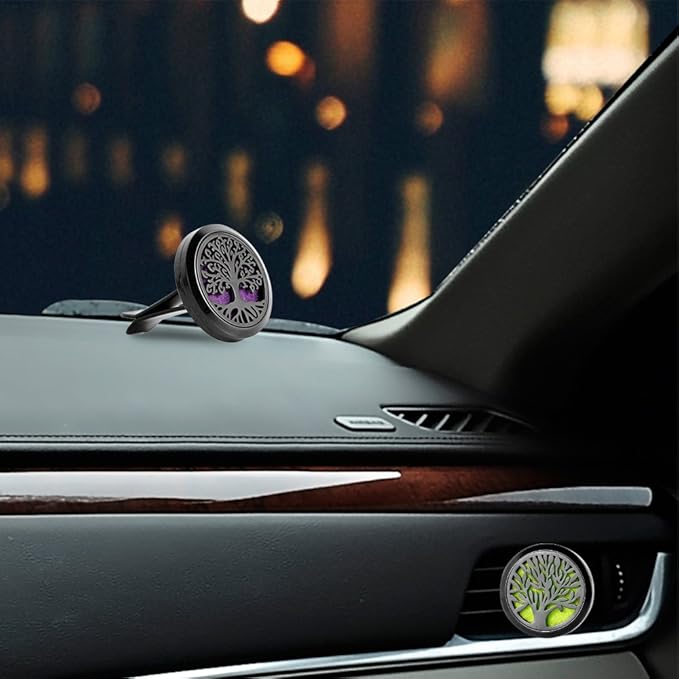 RoyAroma 2PCS Tree of Life Car Diffuser Aromatherapy Essential Oil Black Stainless Steel Locket with Vent Clip 12 Felt Pads